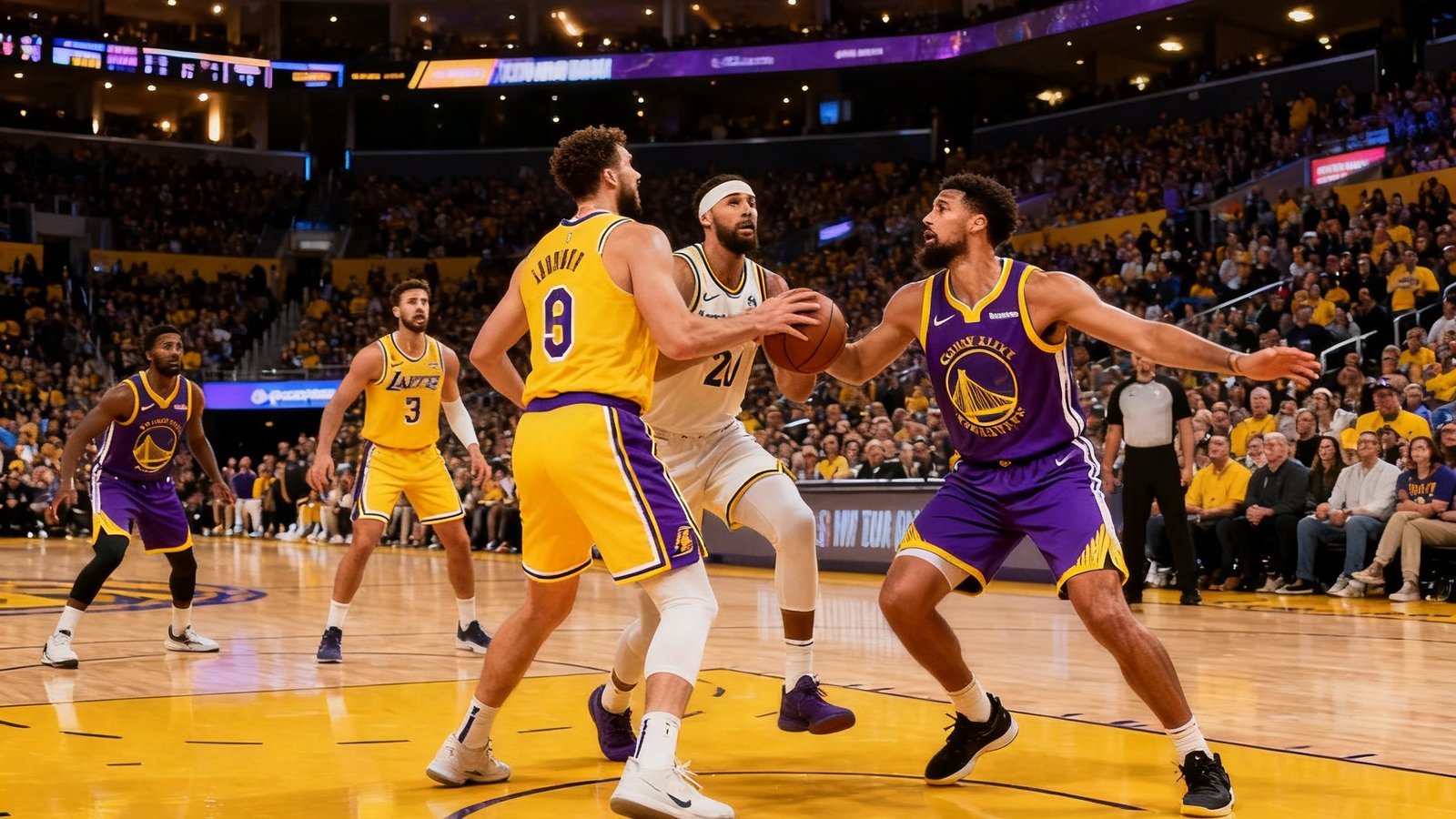 NBA常规赛洛杉矶湖人队与金州勇士队的激烈对决直播画面，场馆内座无虚席